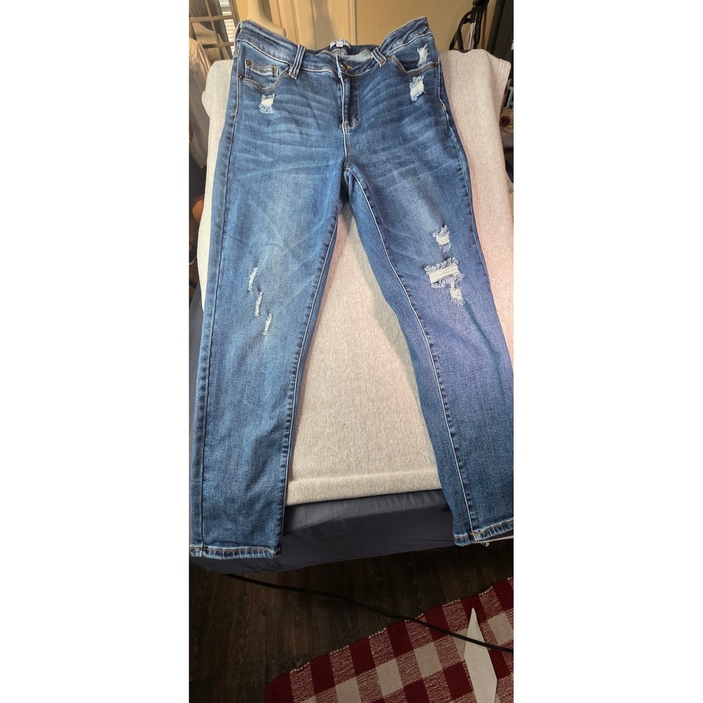 Molly & Isadora Womens Distressed Skinny Jeans Medium Wash Blue Denim Size 14